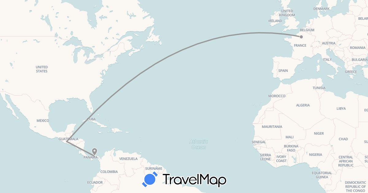 TravelMap itinerary: driving, plane in France, Netherlands, Panama (Europe, North America)