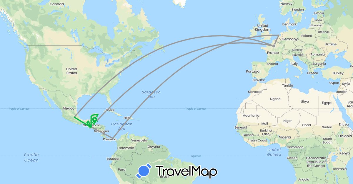 TravelMap itinerary: bus, plane, boat in Belize, France, Guatemala, Mexico, Netherlands, Panama (Europe, North America)